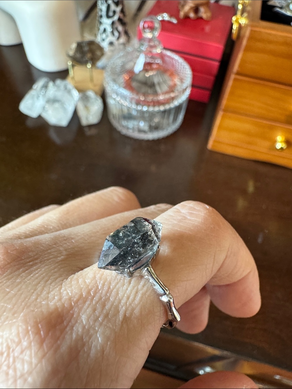 Handcrafted Raw Quartz Statement Ring in Silver Tone